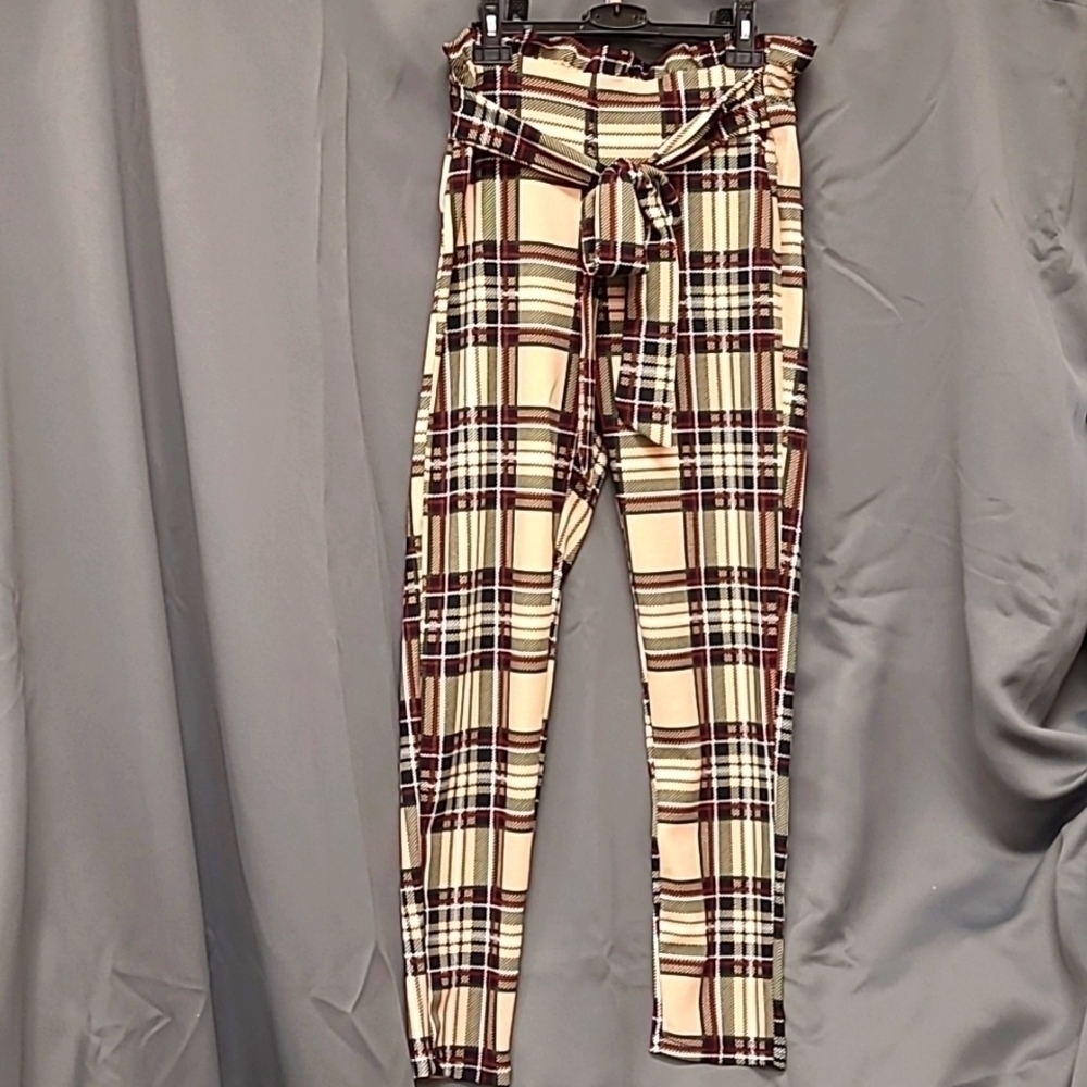 WOMEN'S Plaid Dress Pants with ruffled top and tie waist